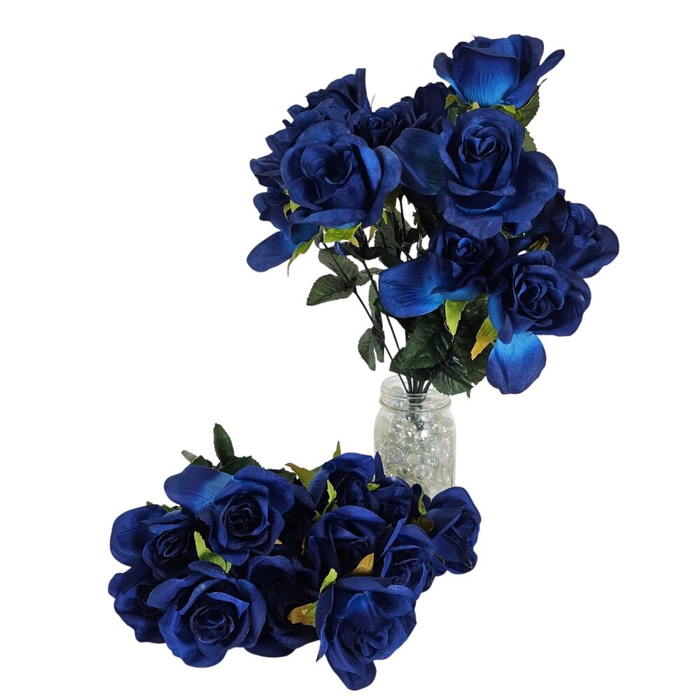 Royal Blue Silk 2.5" Rose Flowers 28 Blooms 17" Bushes Floral Decor Lot of 2